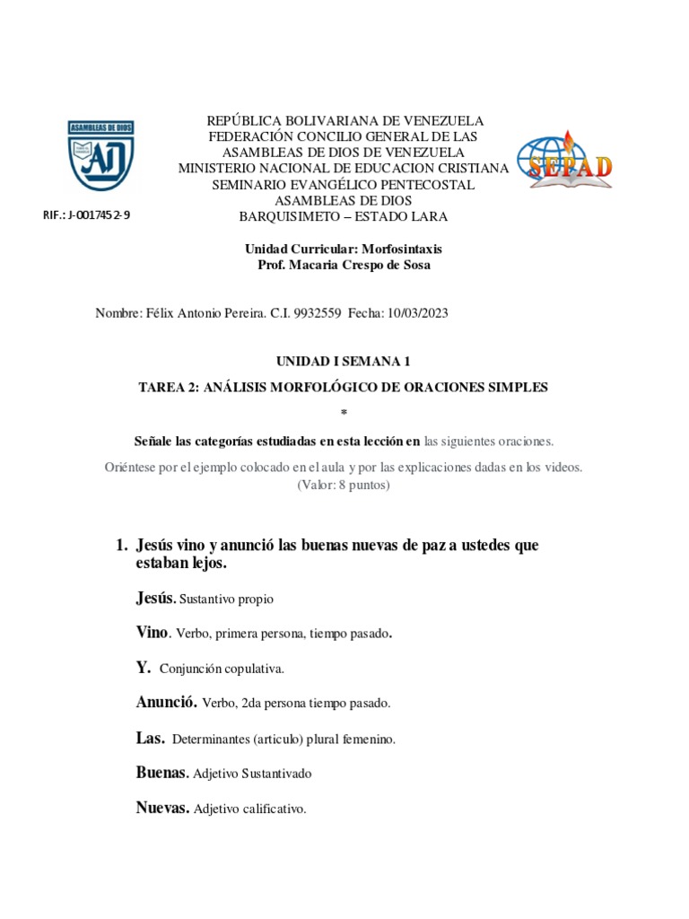 Análisis Morfológico De Oraciones Simples Pdf Adjetivo Sustantivo