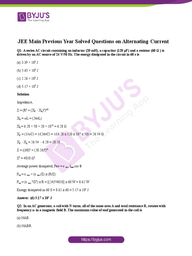 JEE Main AC Previous Year Questions | PDF | Inductor | Alternating Current