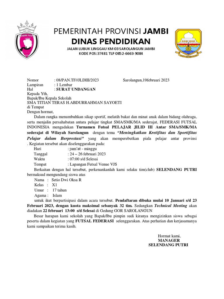 Contoh Surat Undangan Kompetisi Futsal 2 PDF | PDF
