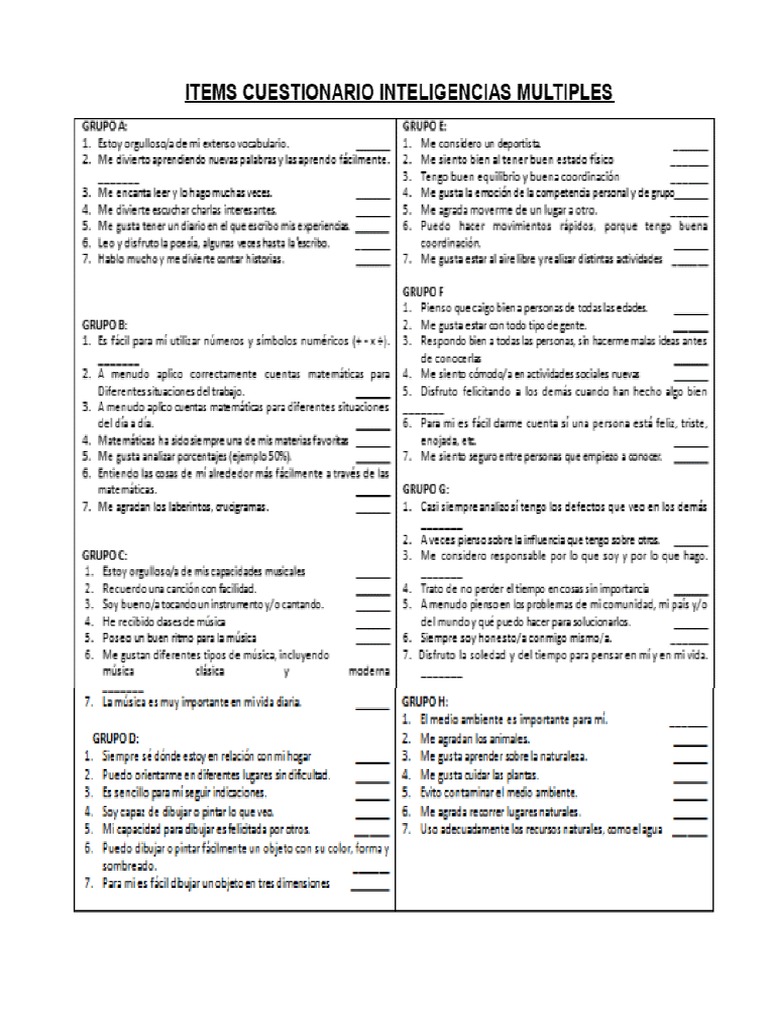 Test de Inteligencias Múltiples: 56 Ítems | PDF | Ciencia y matemáticas