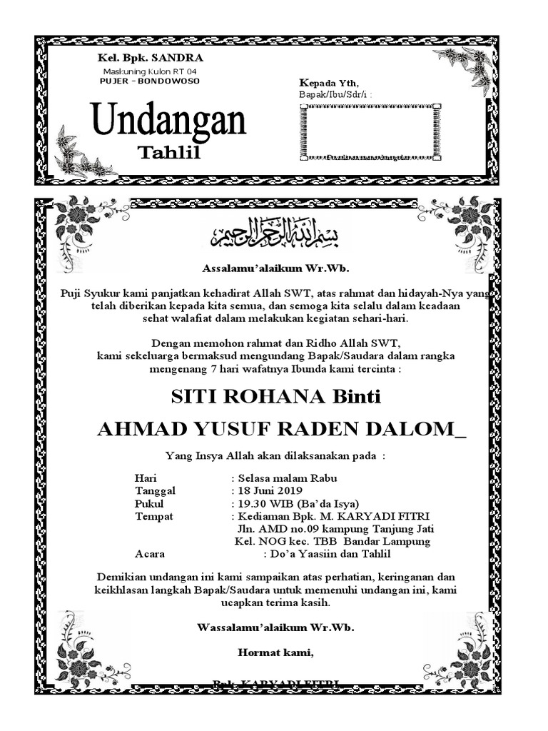 Undangan Tahlil 7 Hari Wafat Ibunda | PDF