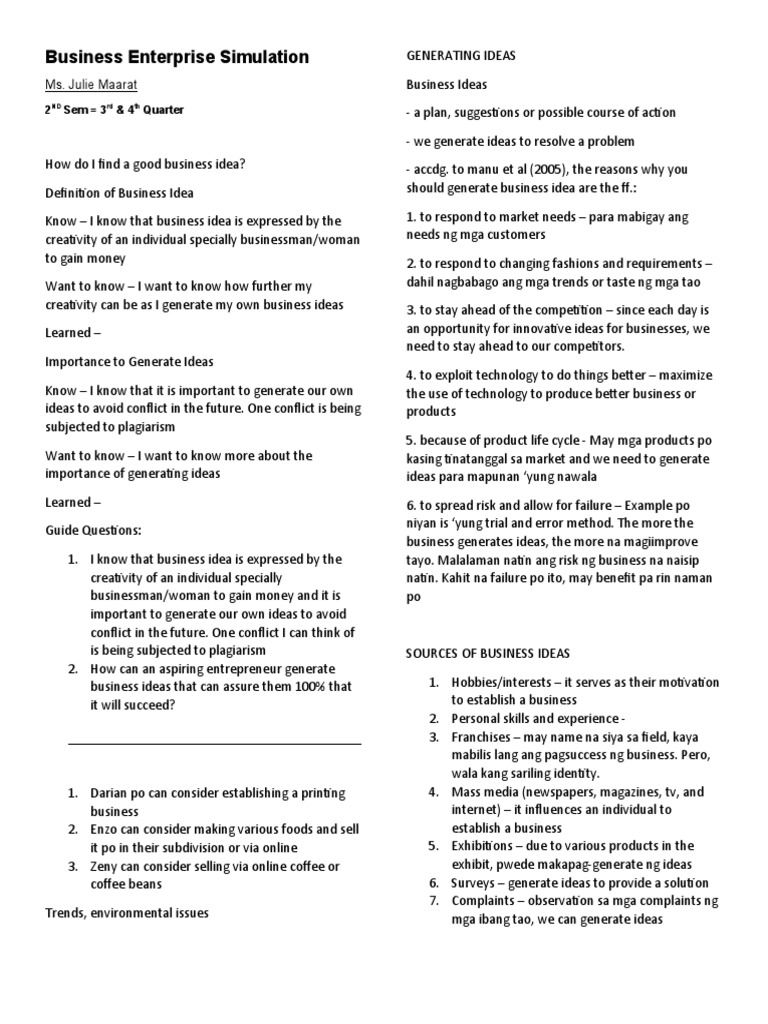 Generating Business Ideas and Opportunities | PDF | Creativity | Economies