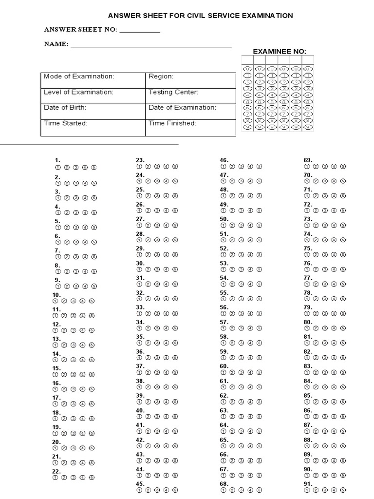 Sample Answer Sheet CSC Exam PDF