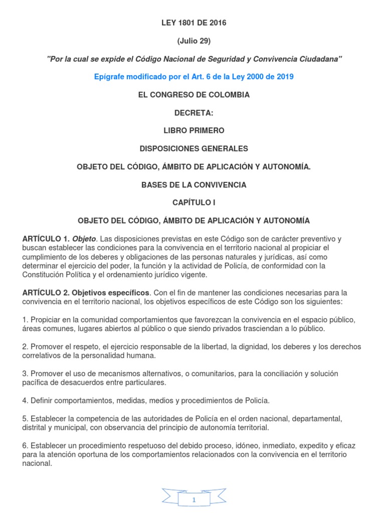 Ley 1801 de 2016: Código de Convivencia | PDF | Policía | Ley ...