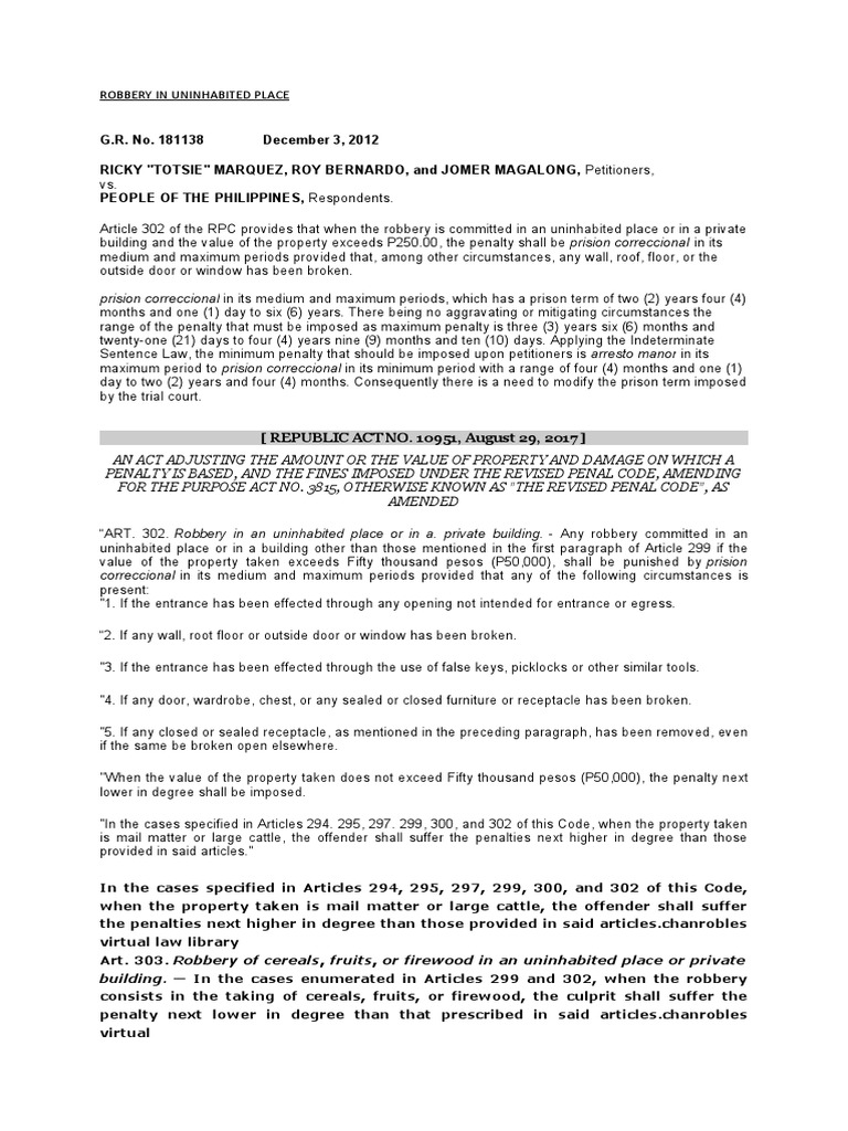 Penalties for Robbery in Uninhabited Places | PDF | Justice | Crime ...