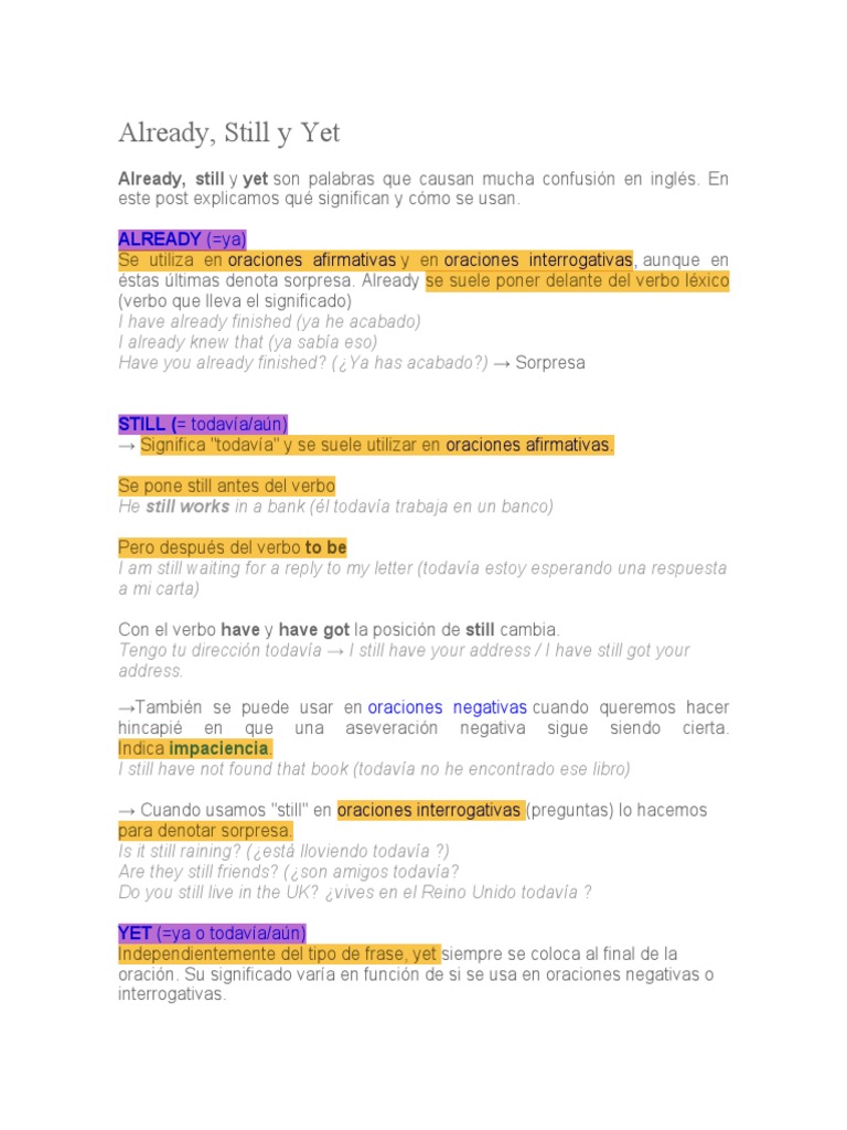 Uso de Already, Still y Yet en Inglés | PDF | Lingüística | Gramática