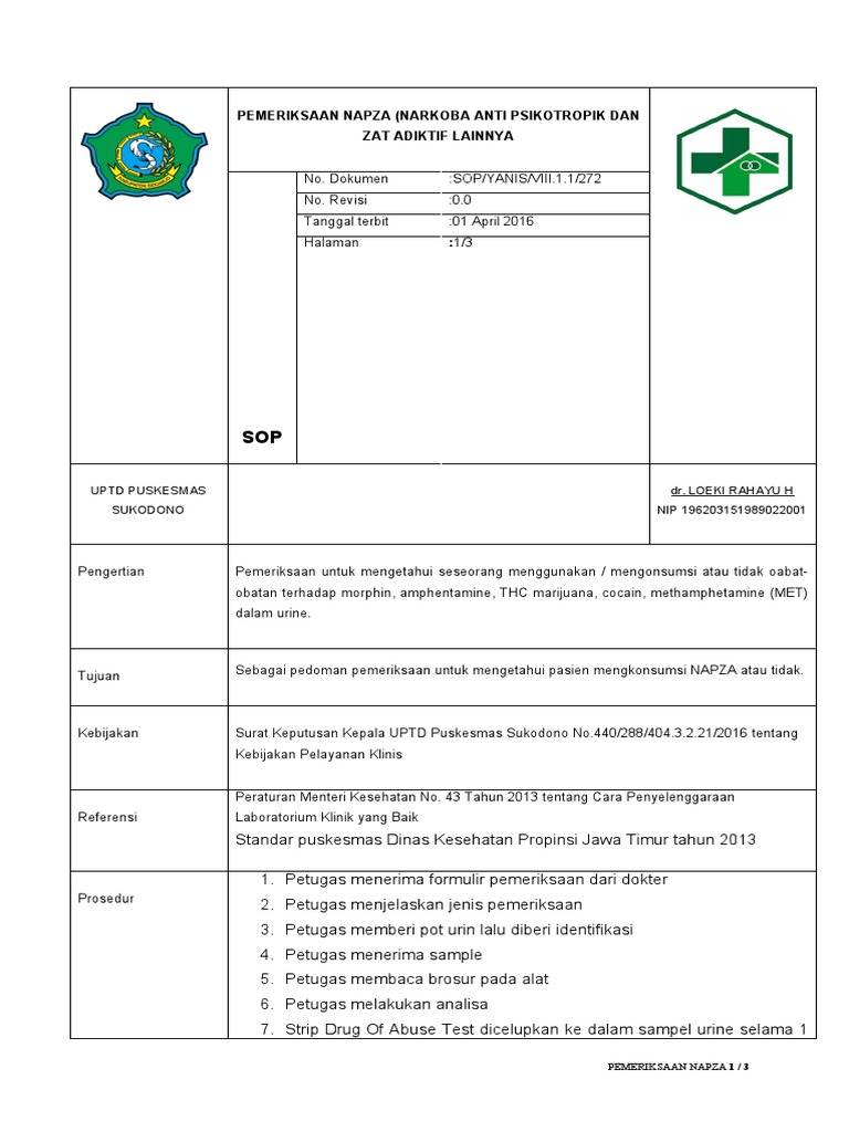 Prosedur Pemeriksaan Napza di Puskesmas | PDF