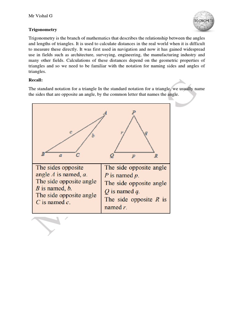 Trigonometry, Bearings, Angles of Elev and Dep. Handout PDF