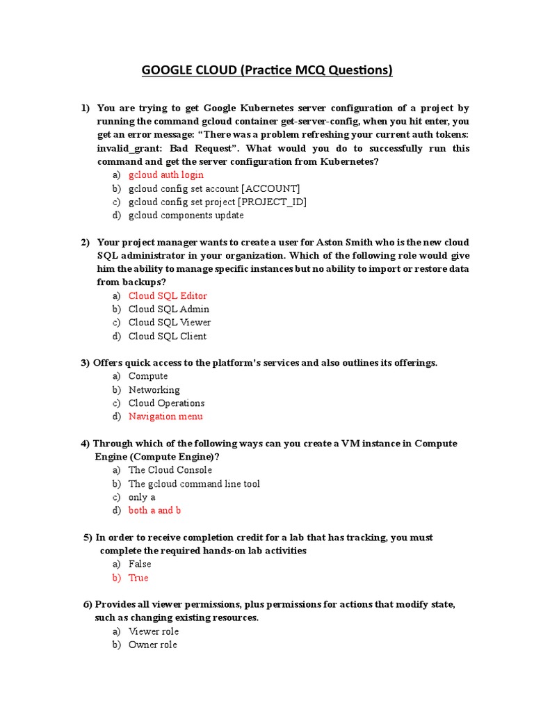 Google Cloud MCQ Practice Questions | PDF | Cloud Computing | Command ...