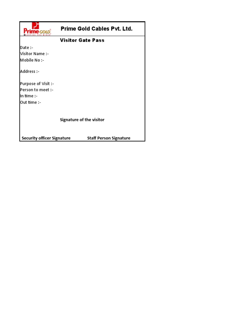 Visitor Gate Pass Format in Excel PDF