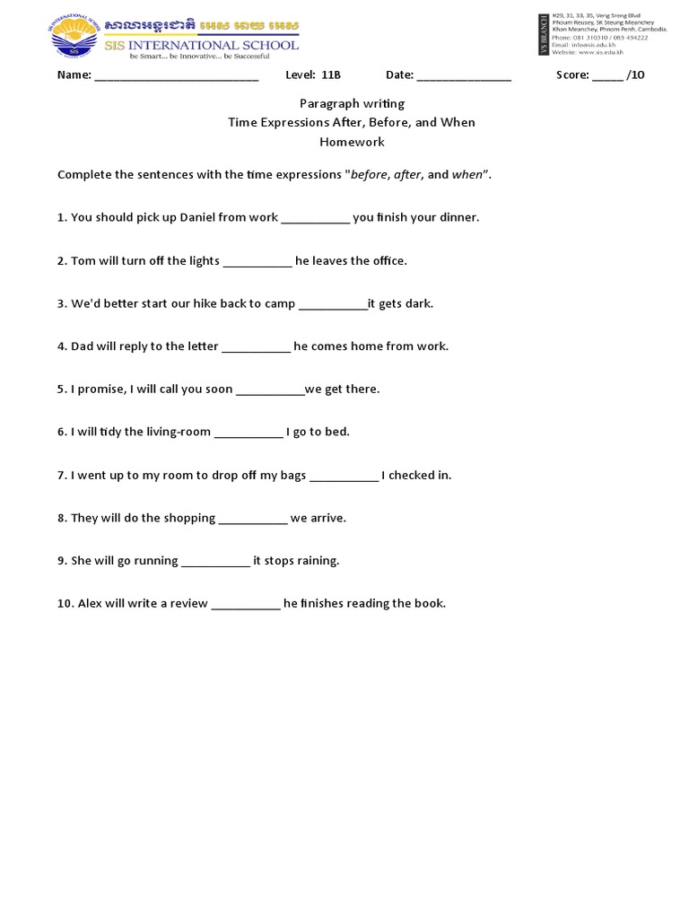 time expressions homework PDF