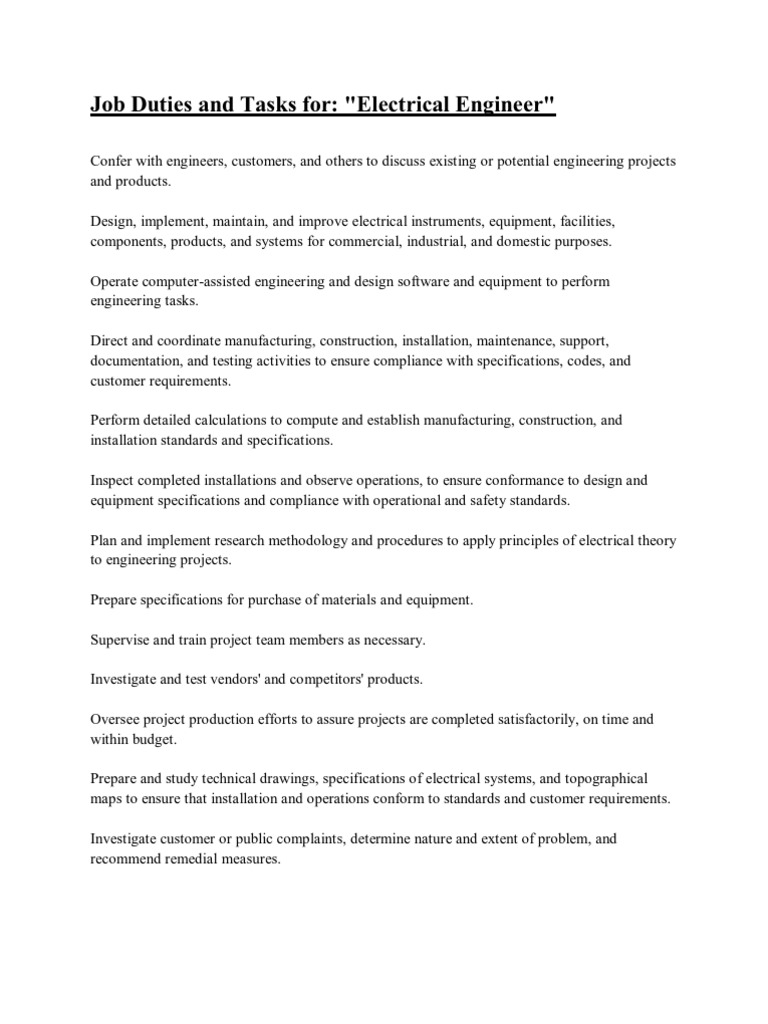 Job Duties and Tasks for Electrical and Electronics Engineer
