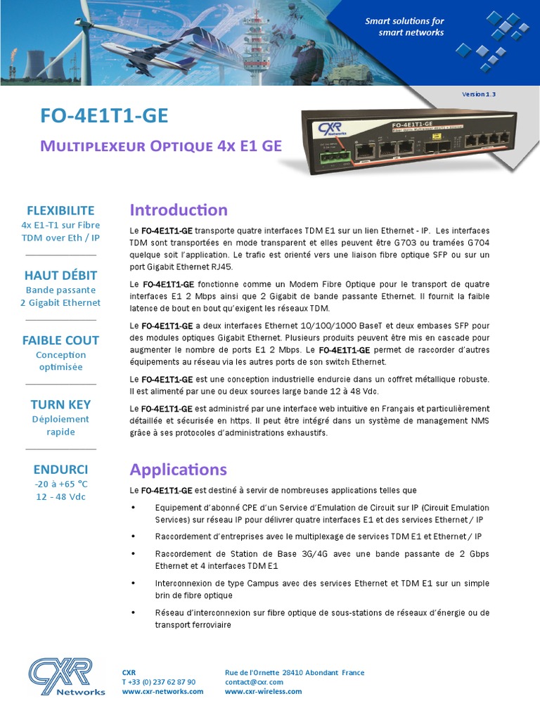 Carte multiplexeur à fibre optique 4x E1/T1 + FE