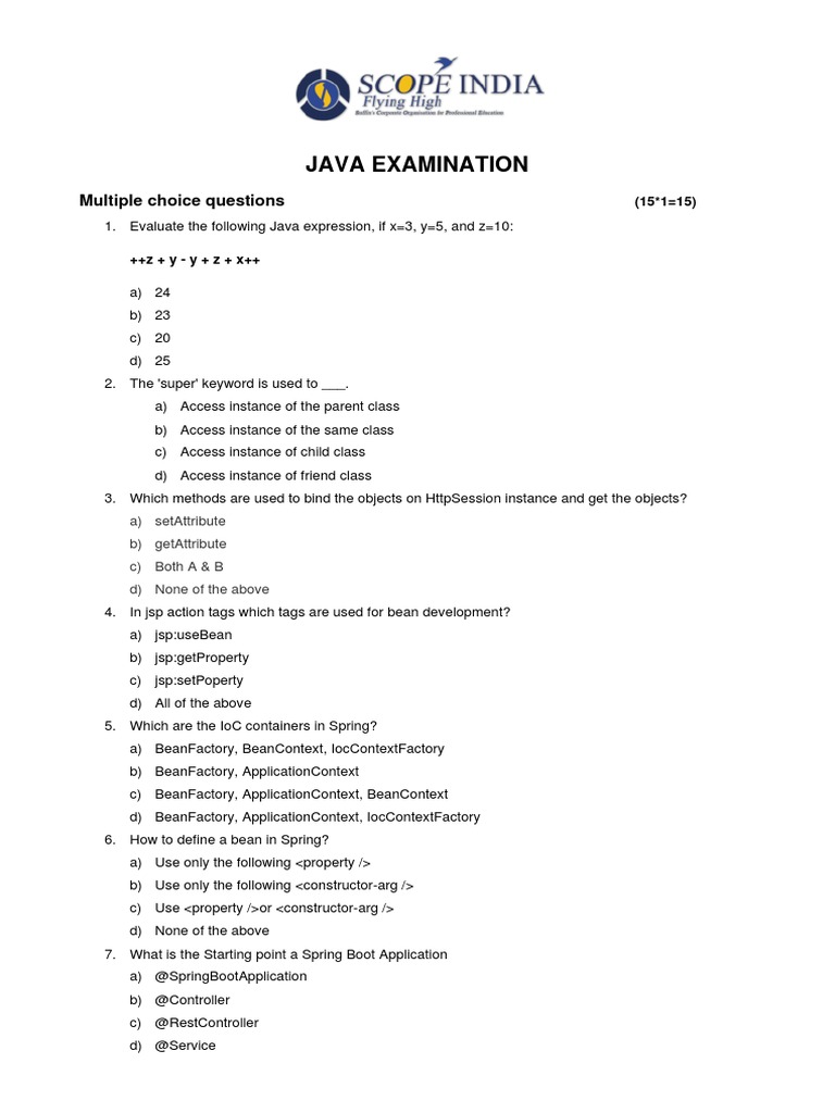 Java Examination: Multiple Choice Questions | PDF | Class (Computer ...