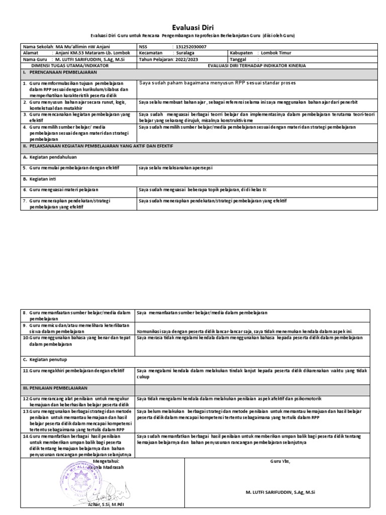 Format Evaluasi Diri Guru 2022/2023 | PDF | Karier & Perkembangan