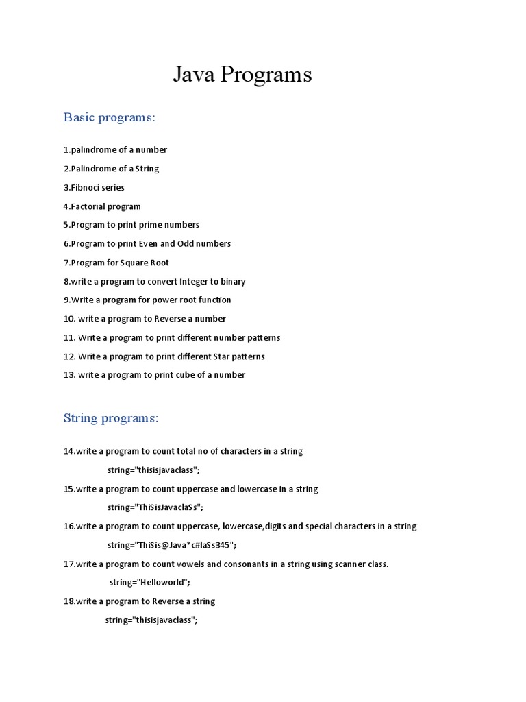 Comprehensive Collection of Java Programs Covering Fundamental Concepts ...