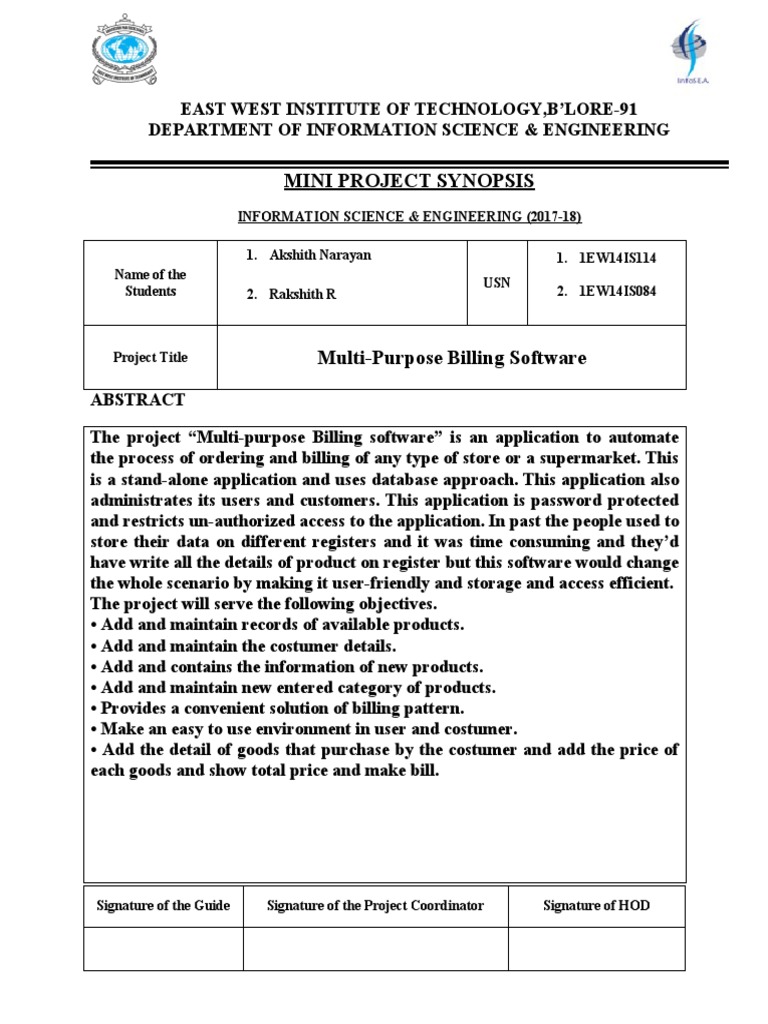 Mini Project Synopsis: Billing Software | PDF | Art | Technology ...