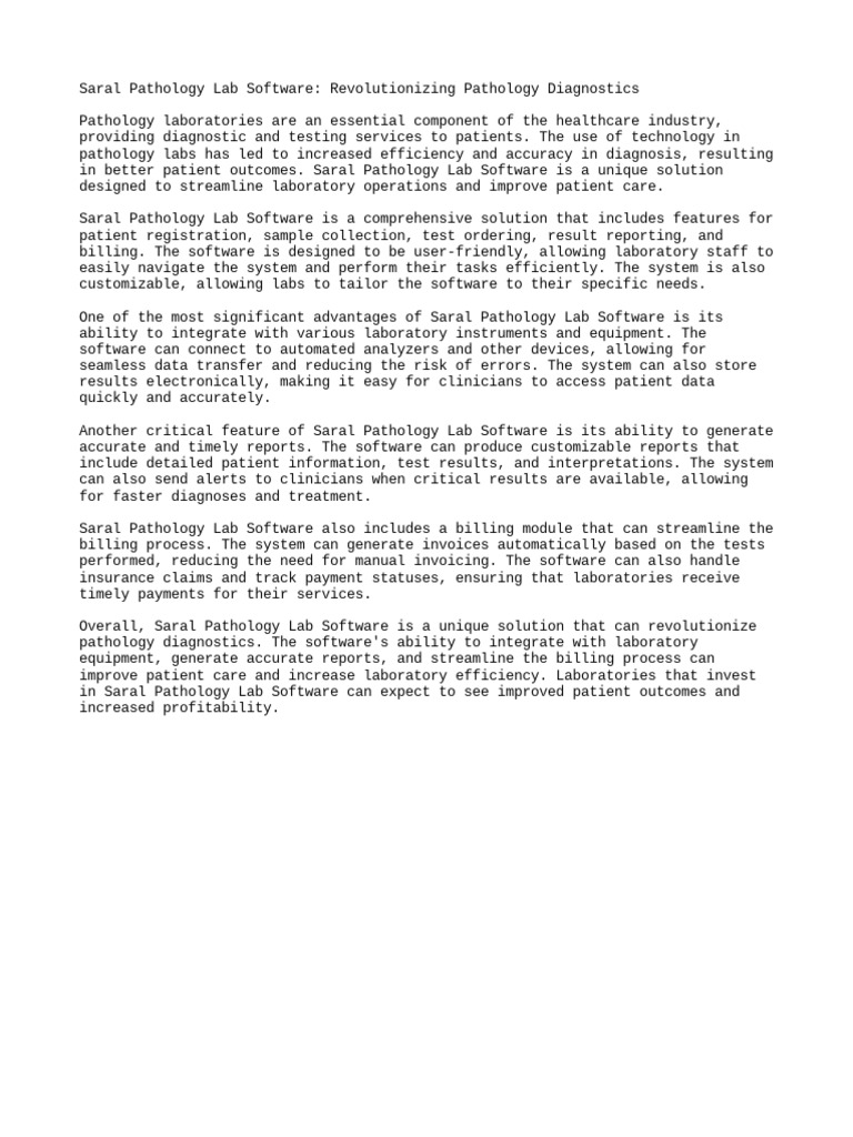 Saral Pathology Lab Software Overview | PDF