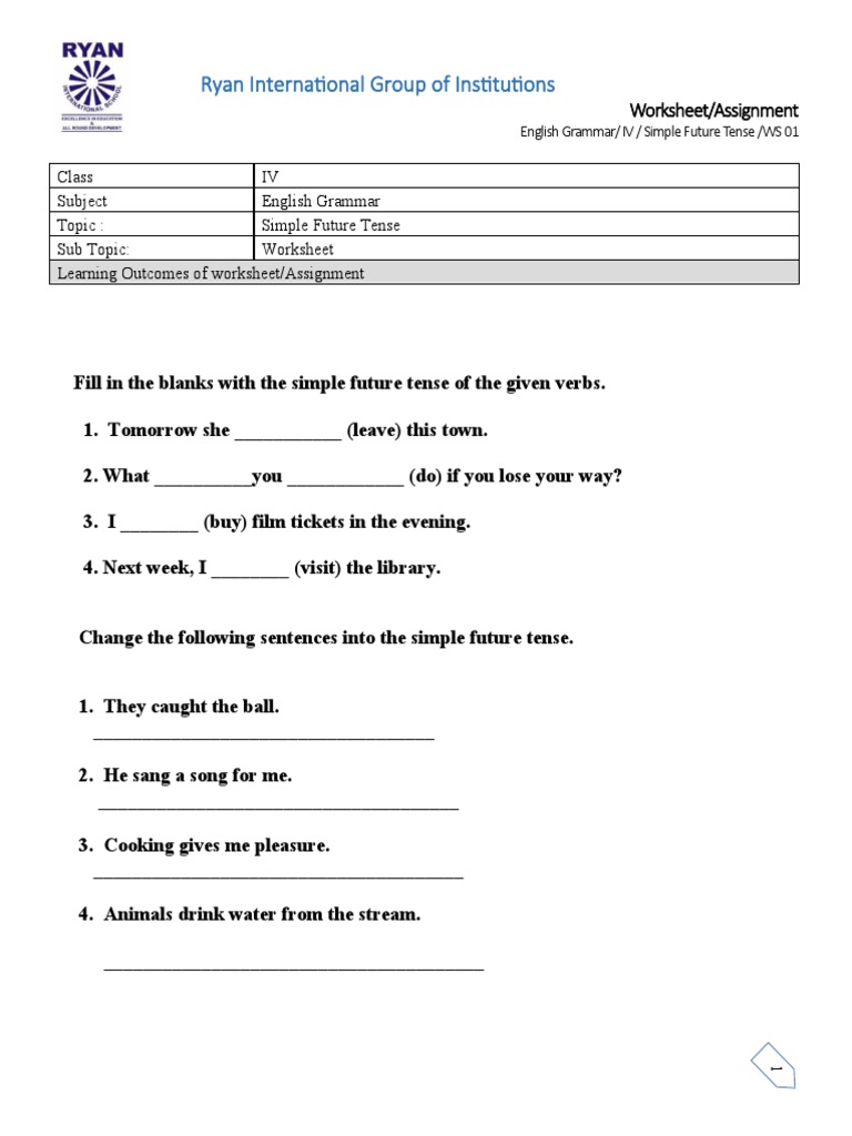 Simple Future Tense Worksheet for Class 4 | PDF | Language Arts ...