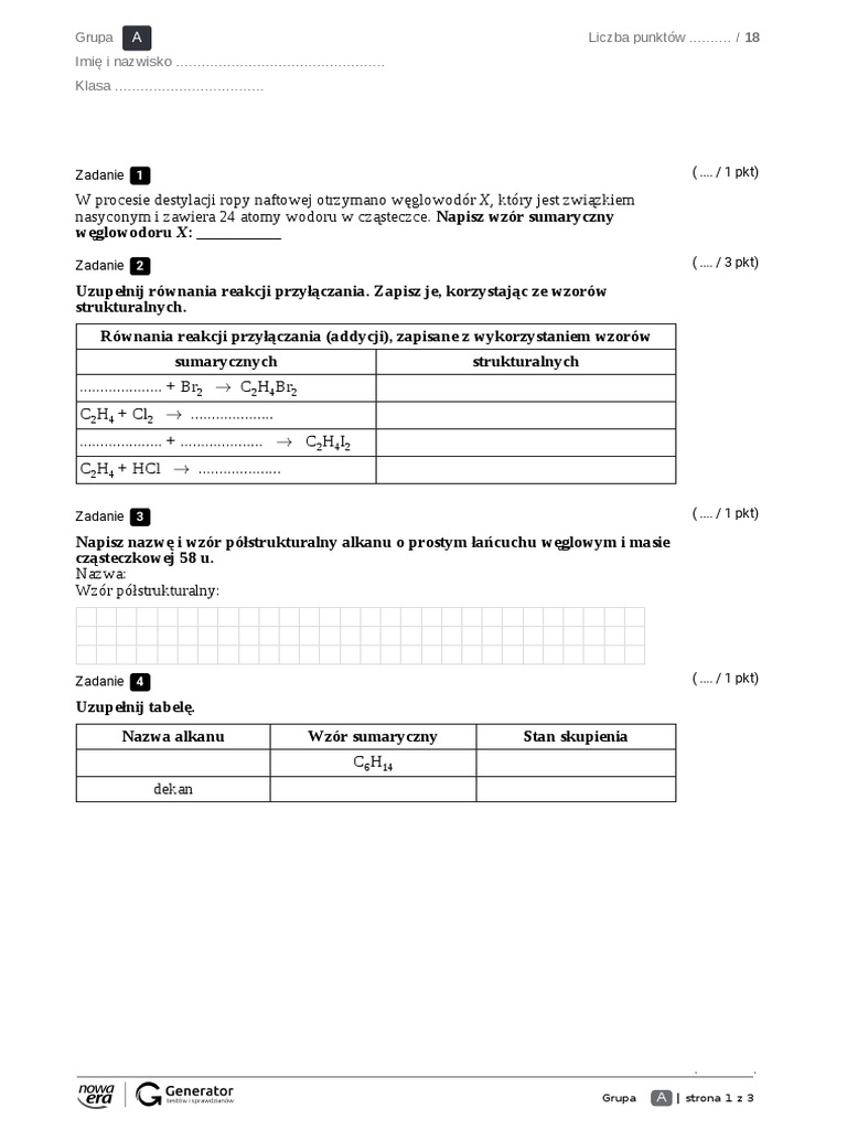 Sprawdzian Z Chemii Klasa 8 Chemia - Weglowodory - Klasa 8 | PDF