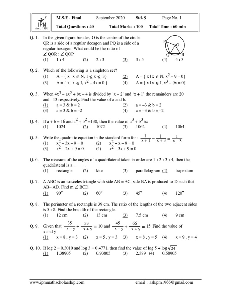 Mathematics Final Exam for Ninth Standard Students Questions Covering