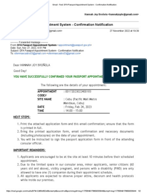 Gmail - FWD - DFA Passport Appointment System - Confirmation Notification  PDF, PDF, Gmail
