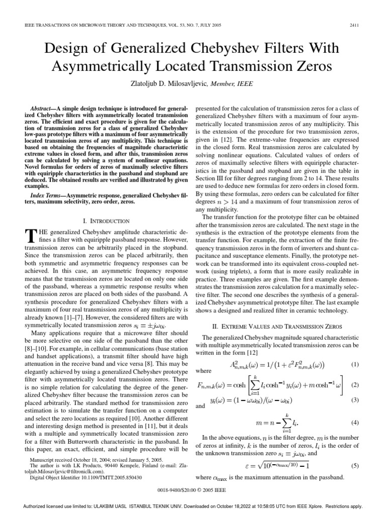 Design of Generalized Chebyshev Filters With Asymmetrically Located