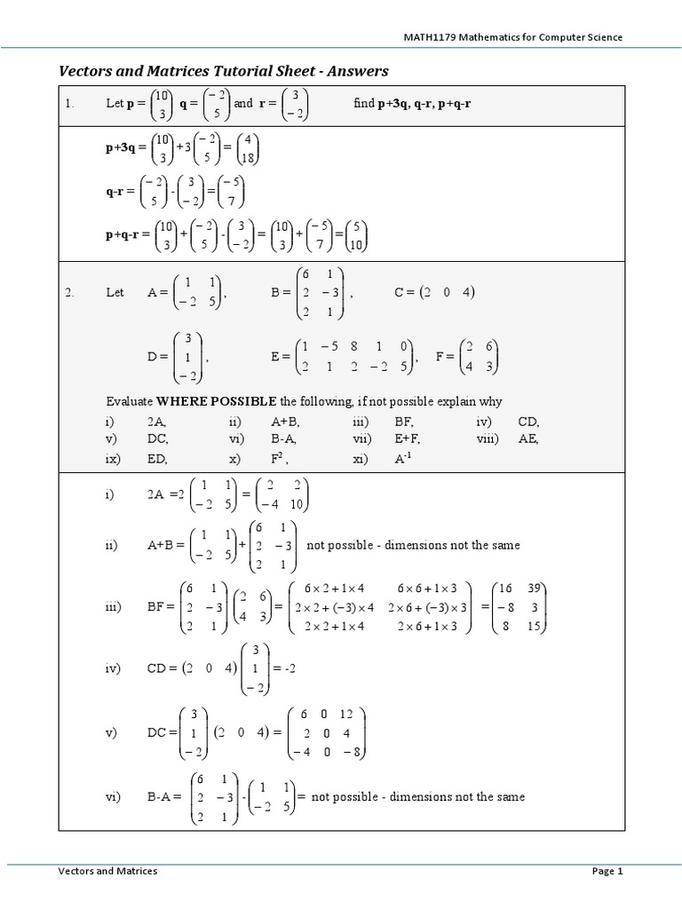 MATH1179 Vectors and Matrices Book Solution | PDF | Matrix (Mathematics ...