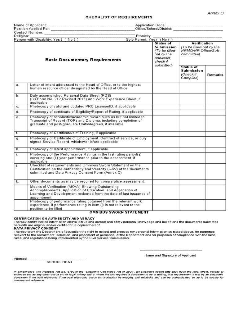 Requirements Checklist and Certification Form for Teacher Applicants PDF