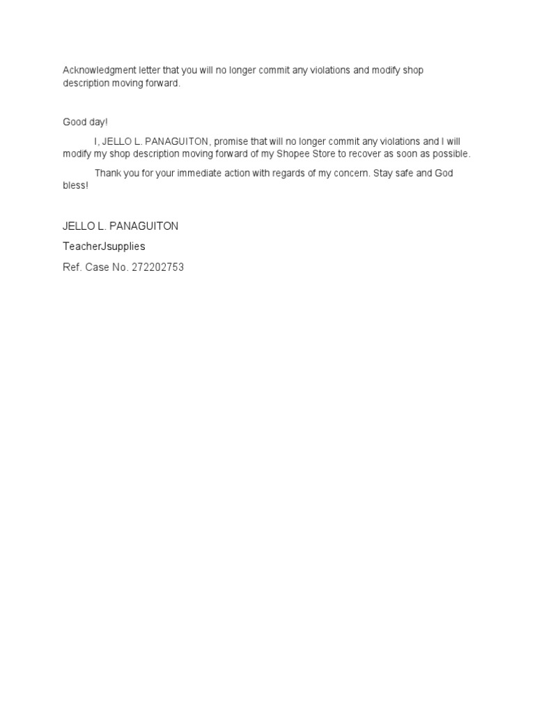 Acknowledgment Letter | PDF