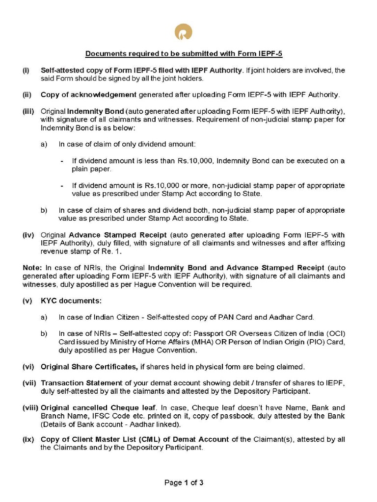 Standard list of documents required to be submitted with form iepf 5 pdf