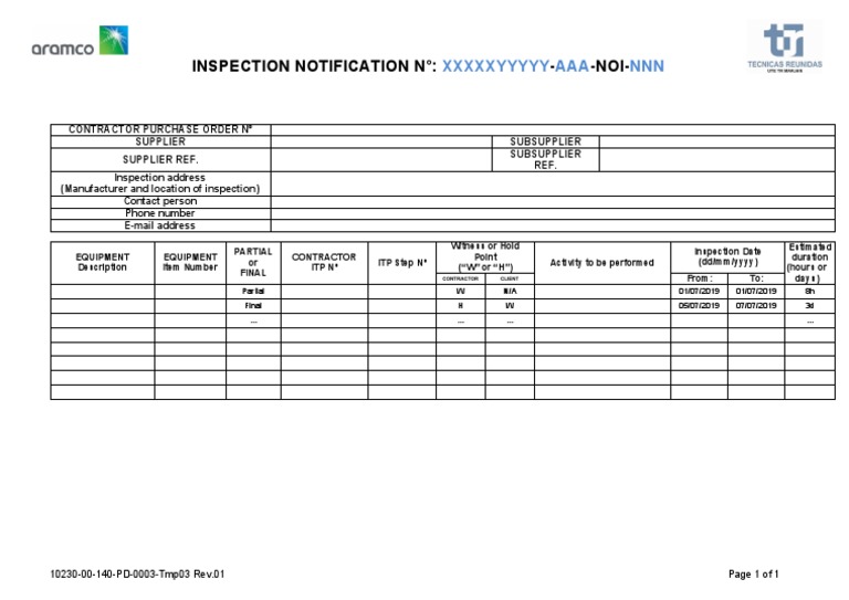 10230-00-140-PD-0003-Tmp03 Notification For Inspection | PDF