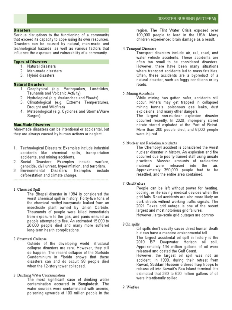 Disaster Nursing Midterm Pdf Disaster Risk Reduction Emergency
