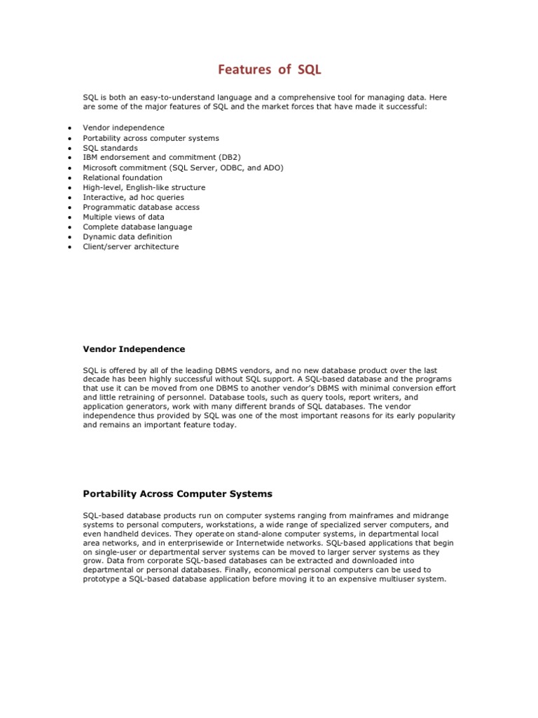 Features of SQL | PDF | Databases | Sql