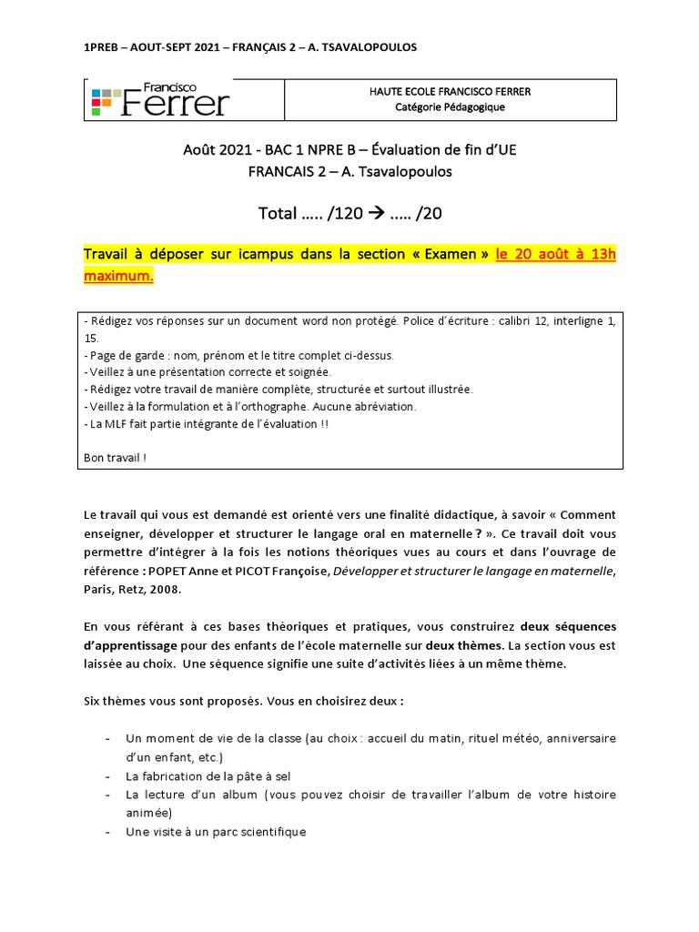 Page De Garde Cahier De Lecture Allophone Total .. /120 À .. /20: Août 2021 - BAC 1 NPRE B - Évaluation de Fin d'UE  FRANCAIS 2 - A. Tsavalopoulos | PDF | Langue française | Pédagogie