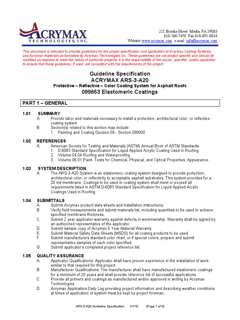 Acrymax ARS-3-A20 Coating Guidelines | PDF | Coating | Roof