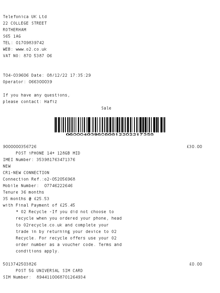 Receipt 0600039606081220221735 PDF Mobile Phones Service Industries