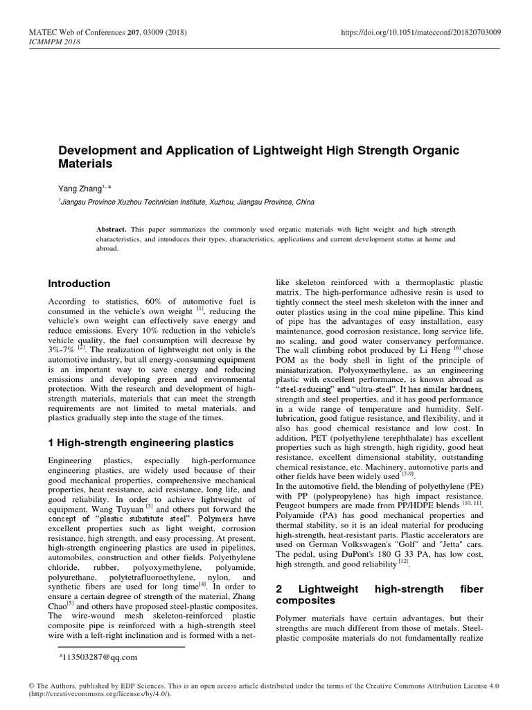 Development and Application of Lightweight High Strength Organic ...
