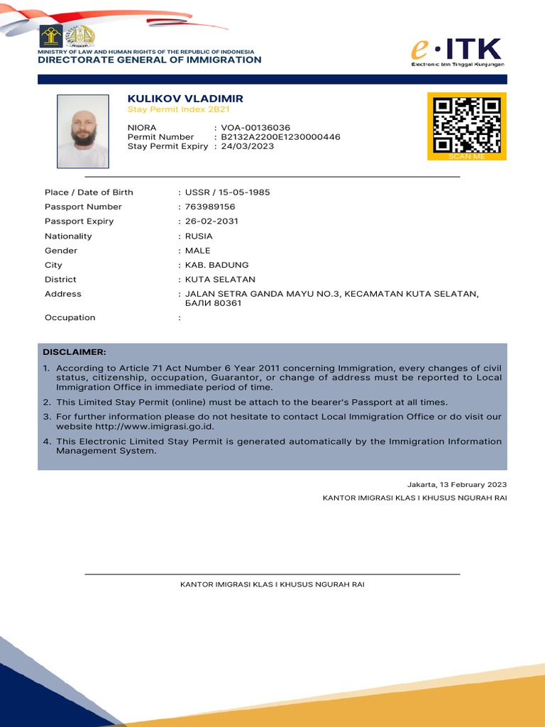 Details of Vladimir Kulikov's Indonesian Stay Permit | PDF