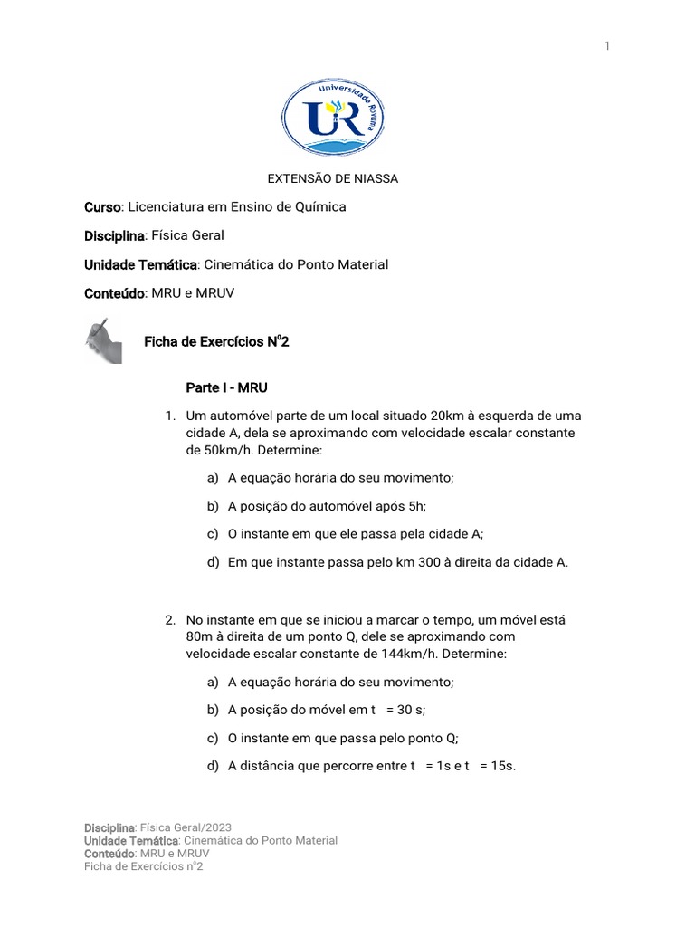 Exercícios de Cinemática: MRU e MRUV | PDF | Velocidade | Velocidade