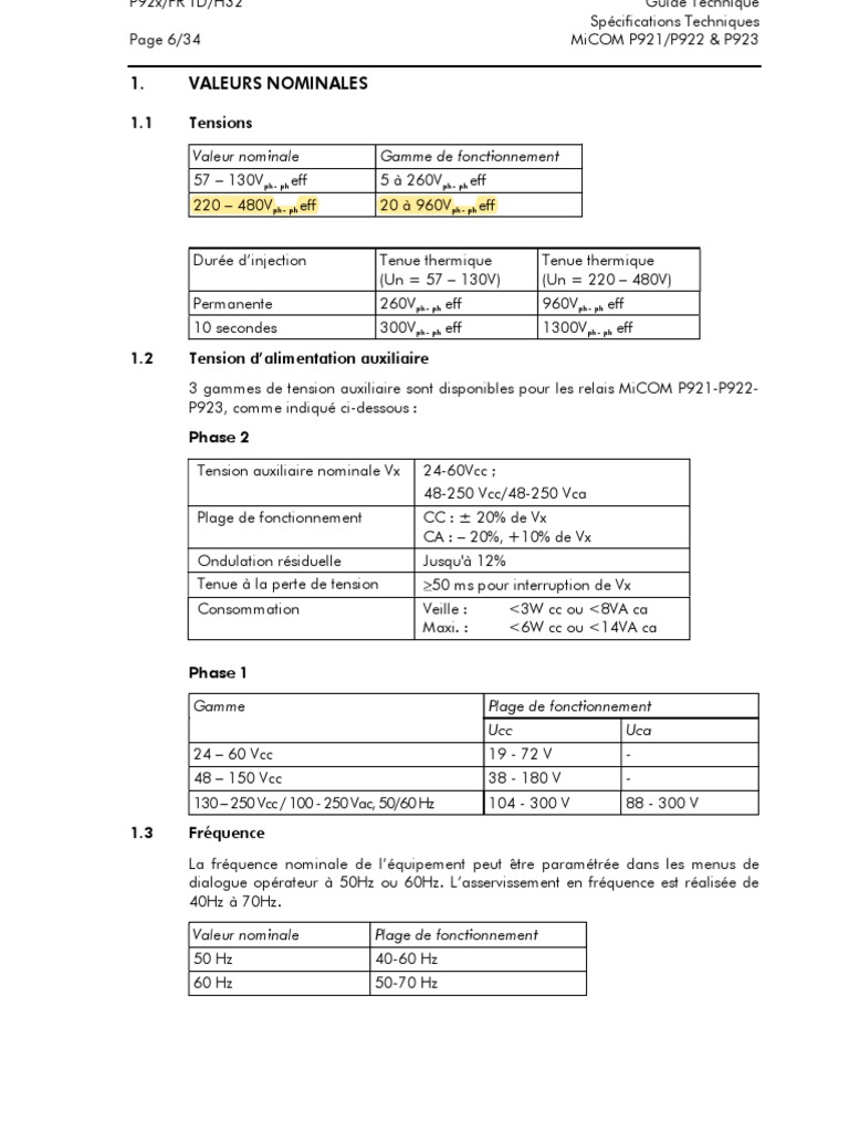 Spécifications MiCOM P923 et P921/P922 | PDF