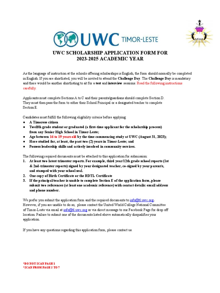 Uwc Scholarship Application Form For 20232025 ACADEMIC YEAR PDF Essays