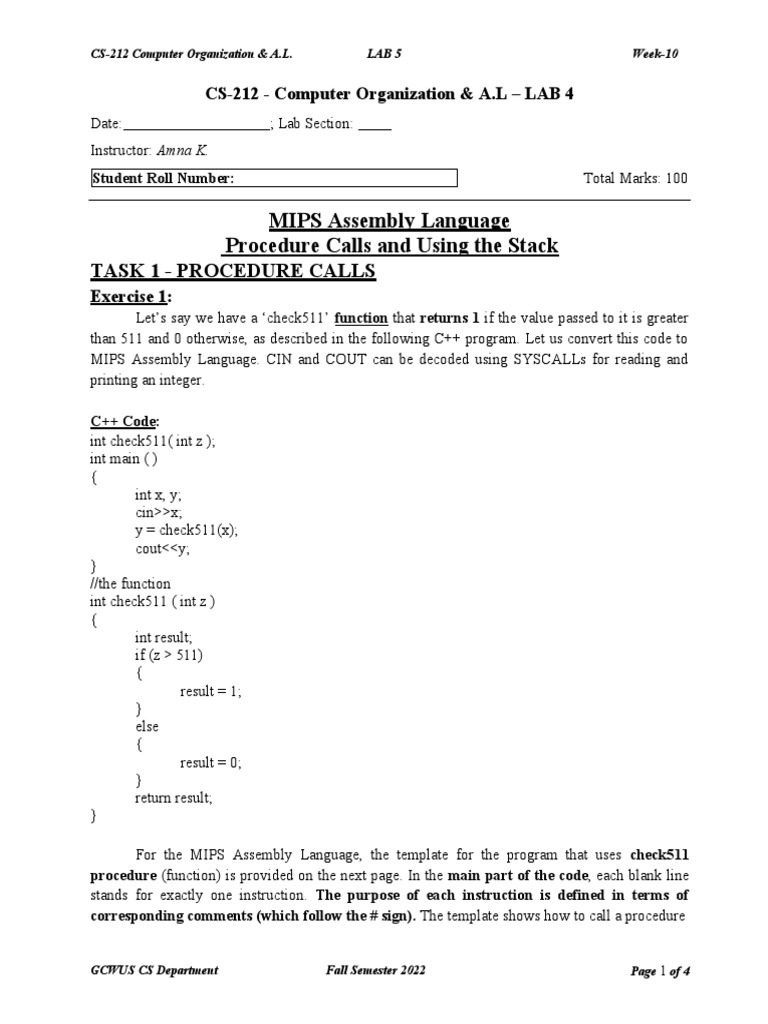 MIPS Assembly Language Procedure Calls and Using The Stack | PDF ...