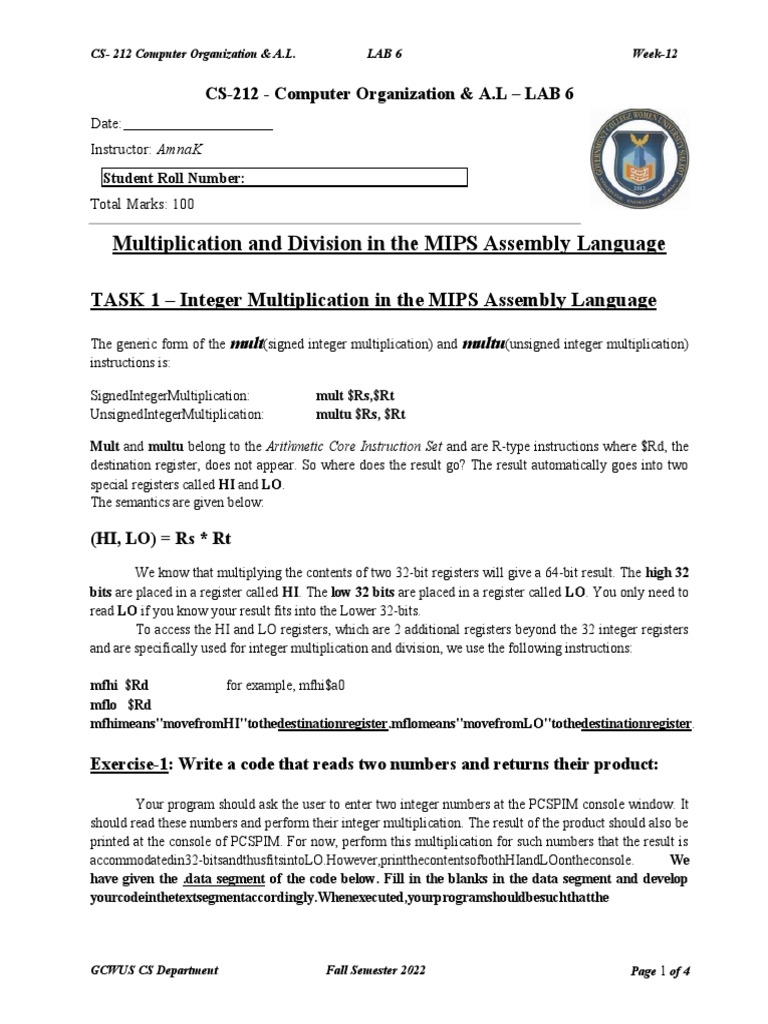 Task 1 integer multiplication in the mips assembly language pdf