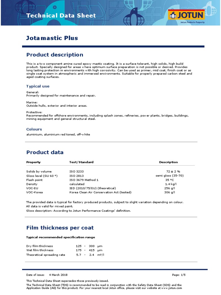 Technical Data Sheet for Jotamastic Plus, a Two Component Amine Cured