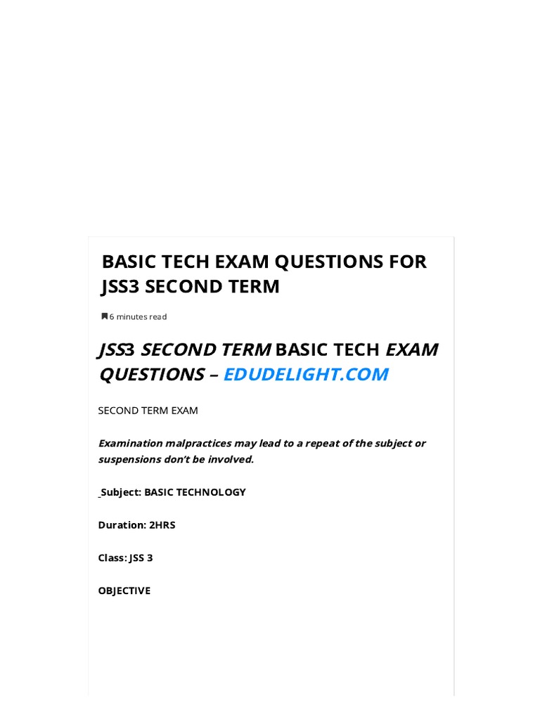 Basic Tech Exam Questions For JSS3 Second Term PDF PDF Electrical Wiring Wood