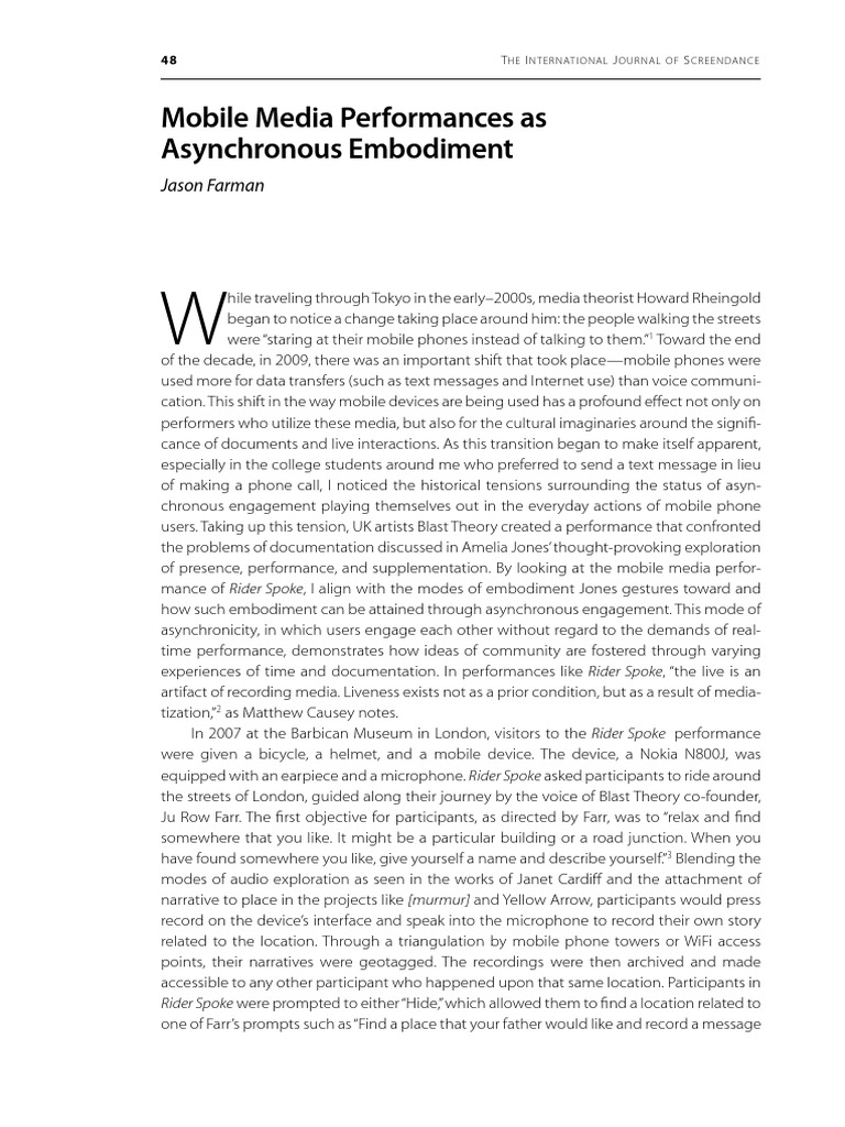 Mobile Media Performances As Asynchronou PDF PDF Embodied Cognition