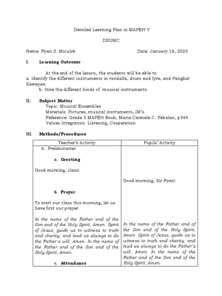 Detailed Lesson Plan in MAPEH V (Checked) | PDF | Musical Instruments ...