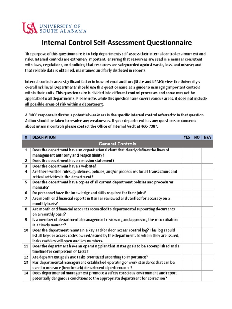 Internal Control Self Assessment Questionnaire | PDF | Internal Control ...