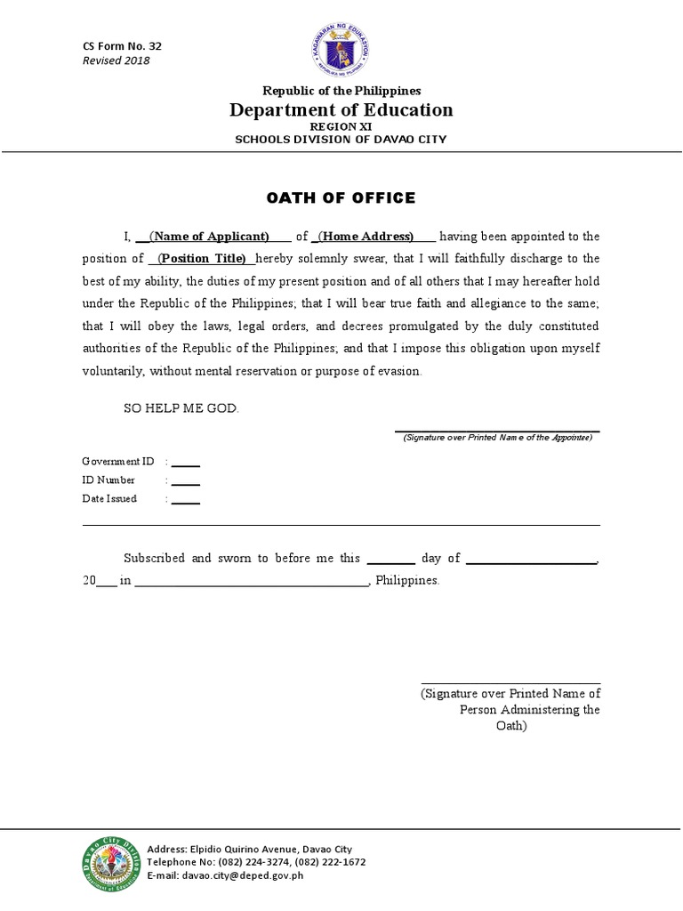 CS Form No. 32 Oath of Office PDF